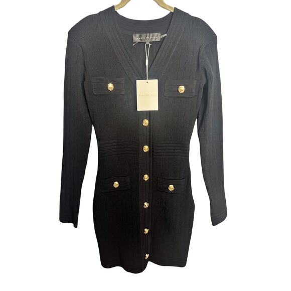 NWT Endless Rose V-Neck Long Sleeve Knit Mini Dress XS Black Gold Buttons Ribbed - Picture 6 of 11